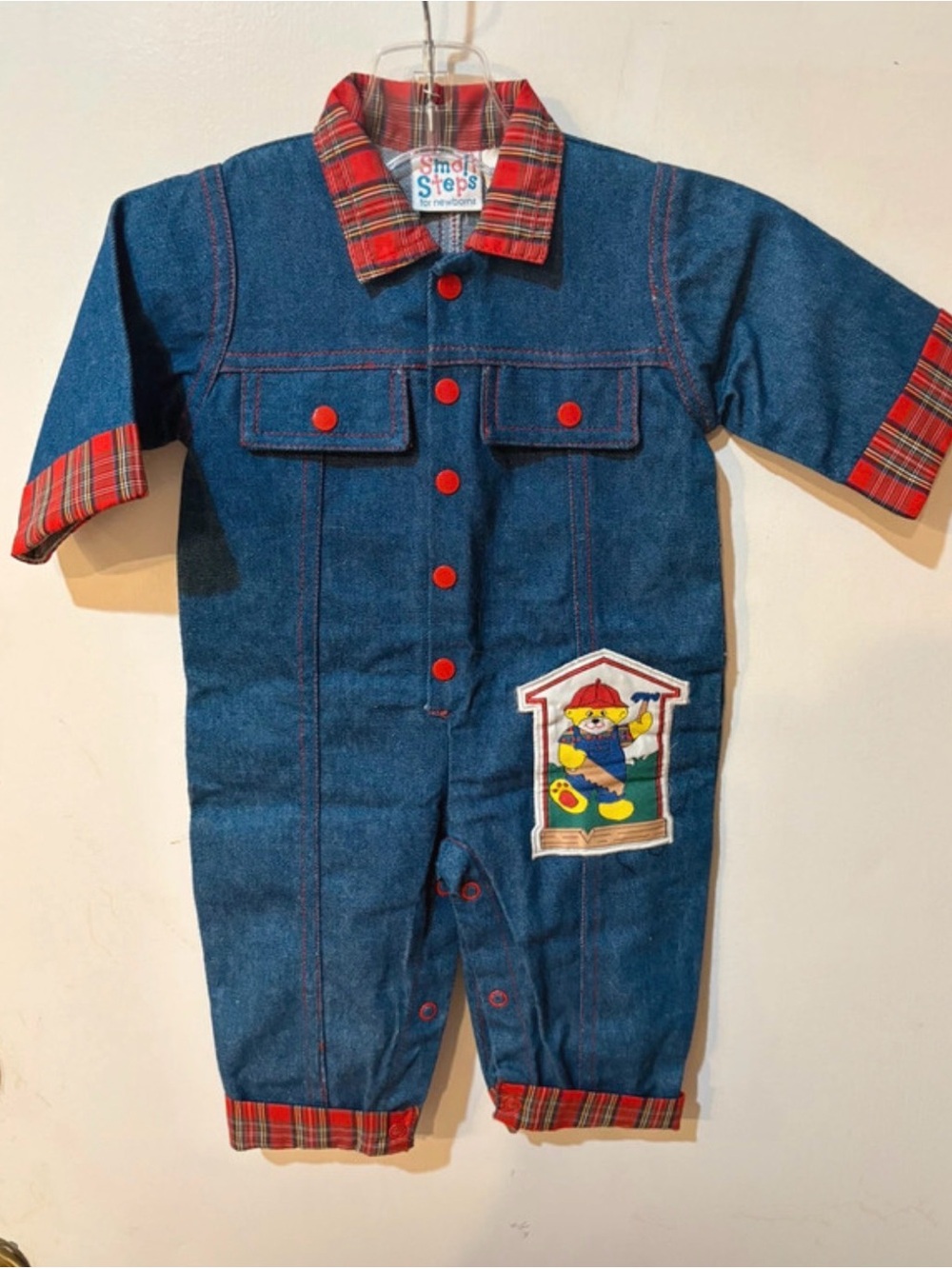 Small Steps Blue Denim Baby One-Piece with Red Plaid Trim